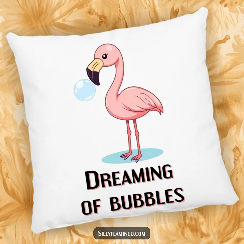 Funny flamingo pillow featuring a cheerful bird blowing a giant bubble, offering comfort and a touch of lightheartedness.