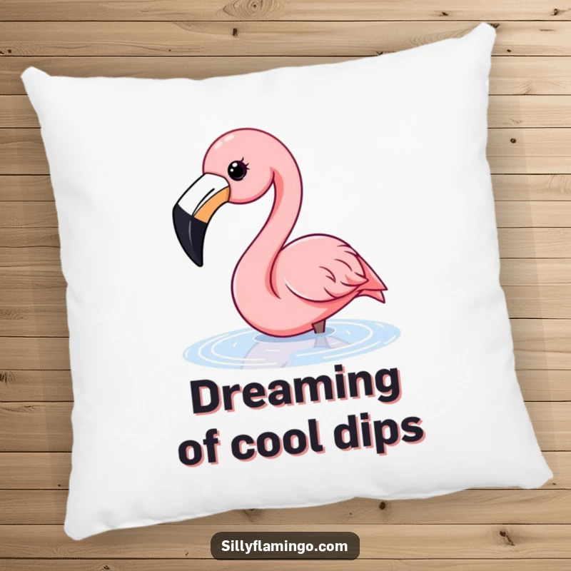 Funny flamingo pillow showing a happy flamingo with a wide beak dipping its head into water, looking relaxed.
