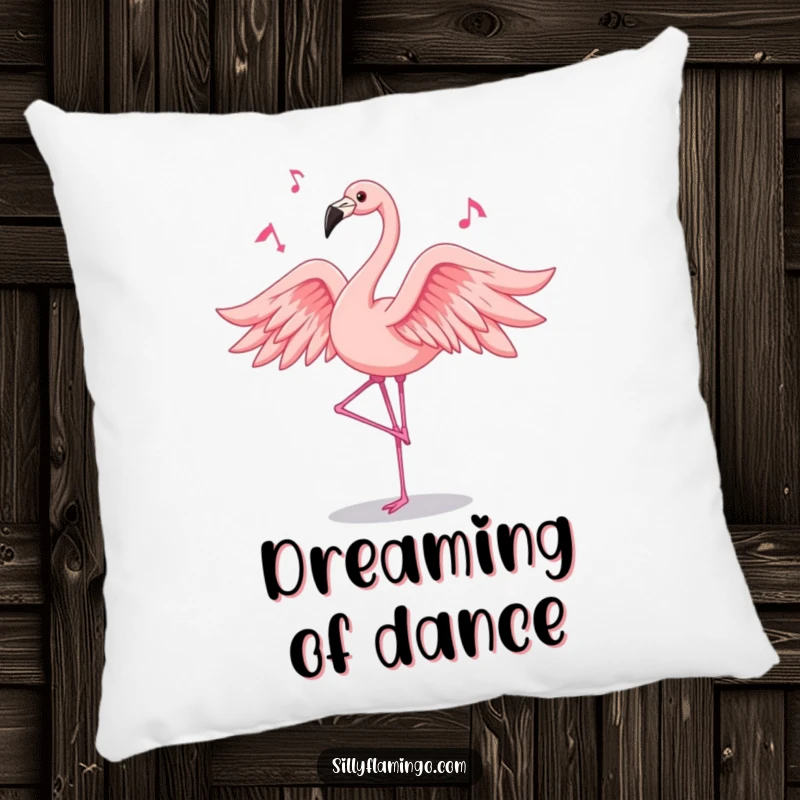 Funny flamingo pillow featuring a pink bird dancing with flowing feathers, soft and humorous decor for any room.