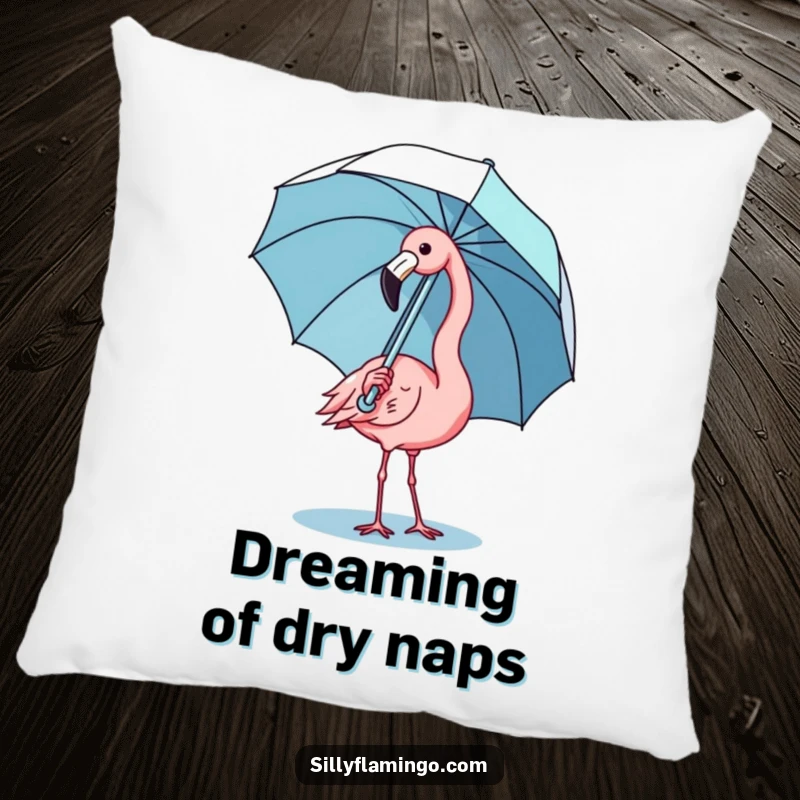 Funny kawaii flamingo pillow depicting a cute bird comically balancing an umbrella, offering soft comfort and humor.