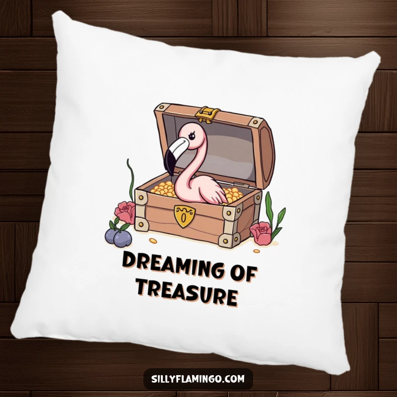 Funny Flamingo Treasure Pillow showing a curious flamingo peeking into a treasure chest, offering soft and adventurous decor.