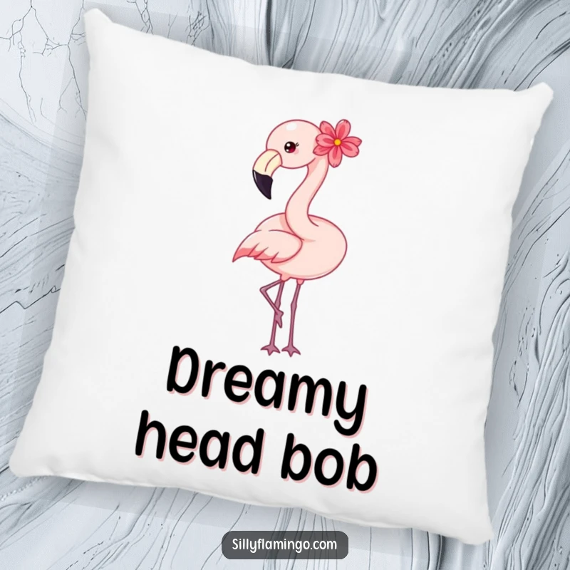 Funny flamingo pillow featuring a happy bird with a flower, a humorous and cozy addition to any sofa.