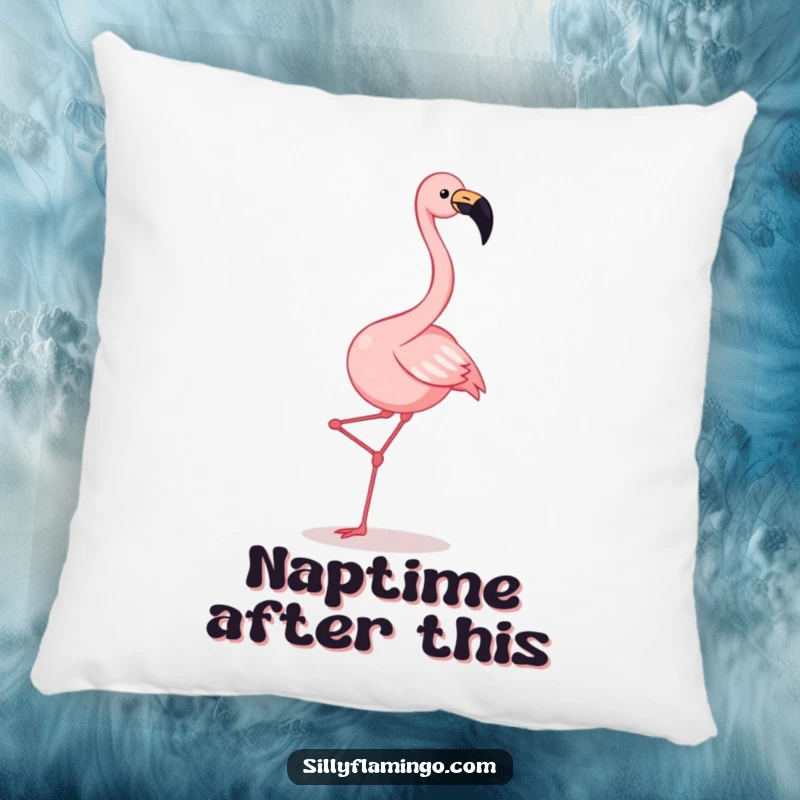 Funny flamingo pillow showcasing a joyful squawking flamingo energetically kicking its legs in a hilarious dance pose.