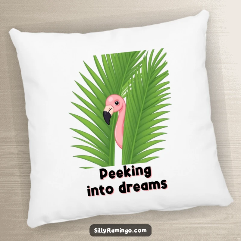Funny flamingo playfully peeking from behind a vibrant green palm leaf on a soft, decorative pillow for ultimate comfort.
