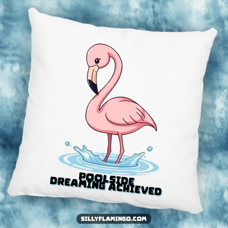 Funny pink flamingo pillow, long neck bending to splash water, embodying playful spirit, comfortable and tropical decor.