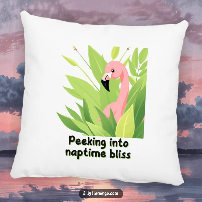 Funny pillow featuring a whimsical flamingo peeking from lush green leaves, perfect for adding comfort and laughter.