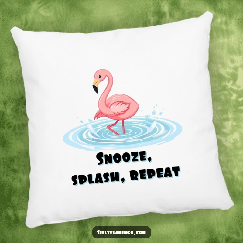 Funny flamingo pillow featuring a bird splashing in a pool, soft and cozy decor that adds a humorous touch to any room.