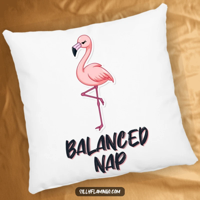 Funny Flamingo Wink Pillow showing a flamingo balancing gracefully with a cheerful wink, offering soft and elegant humor.