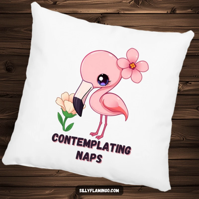 Funny Pillow of a kawaii flamingo with bright eyes, curiously tilting its head at a flower.