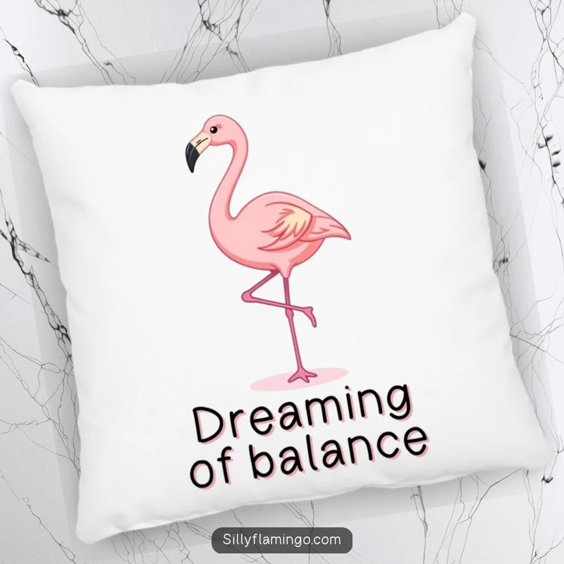 Funny kawaii flamingo performing a graceful stretch, making this pillow a soft and charming decorative accent