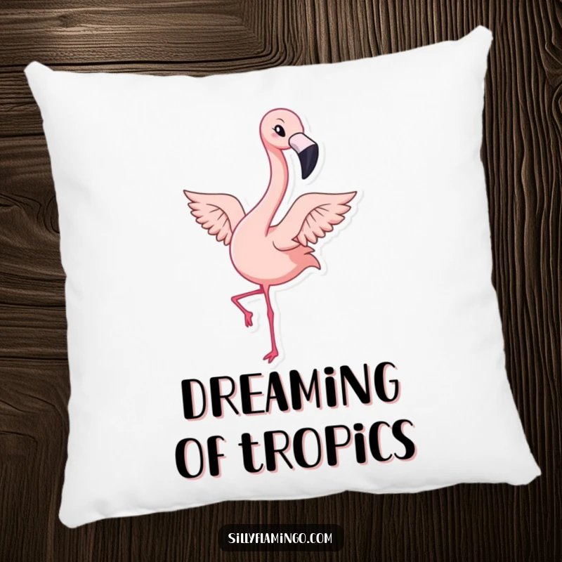 Funny pillow showing a kawaii flamingo winking and flapping its wings energetically, perfect for adding comfort and tropical decor.