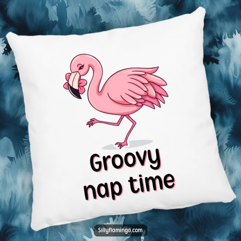 Funny Pillow showcasing a flamingo with a flower behind its ear, dancing with a cheerful and lively shimmy.
