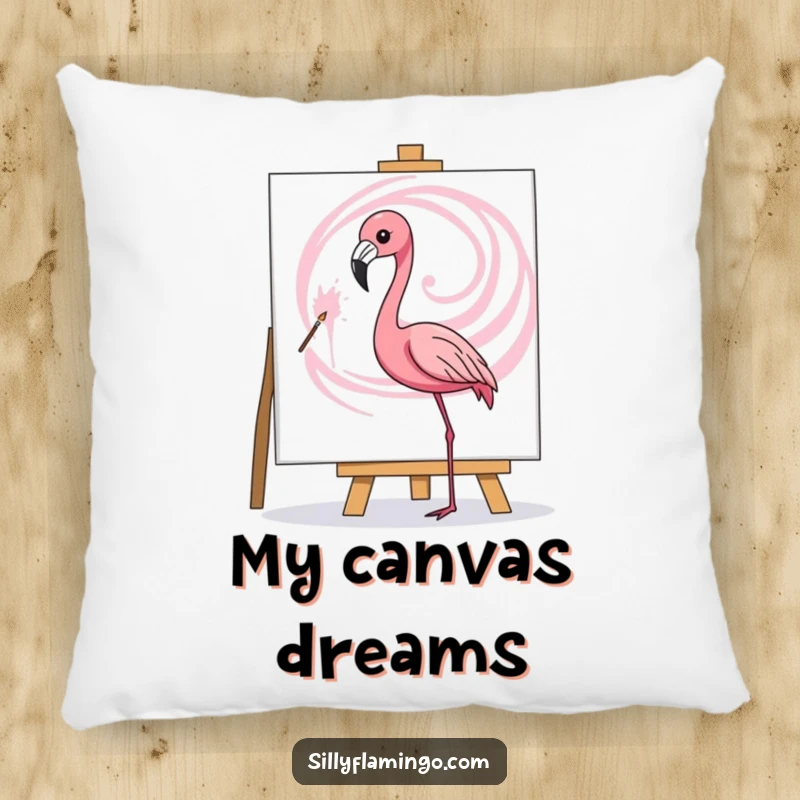 Funny pillow featuring a flamingo artistically painting a pink swirl on a canvas, perfect for cozy creative spaces.
