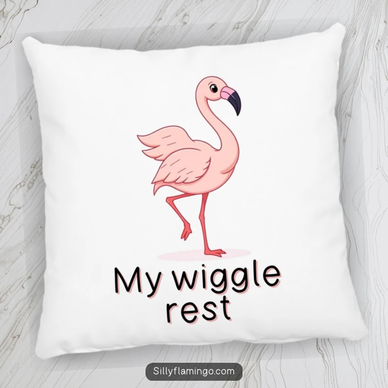 Funny pillow featuring a joyful flamingo doing a silly wiggle dance with its feathers fanned out, perfect for cozy comfort.