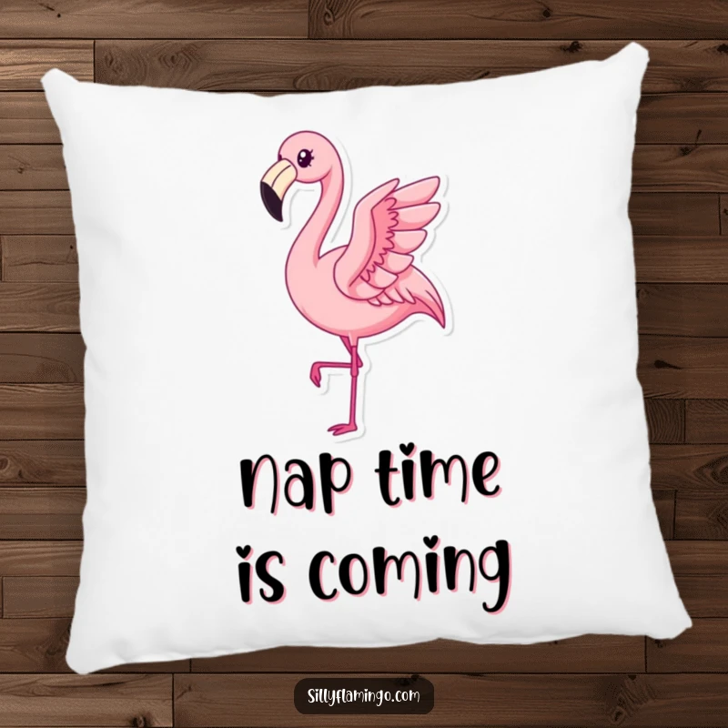 Funny Kawaii Flamingo Pillow with a pleased bird performing a subtle flap, offering comfort and comical charm.