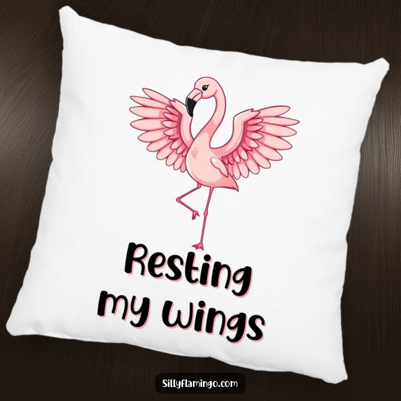 Funny flamingo in elegant mid-flight, featured on a soft and humorous pillow for comfort and style
