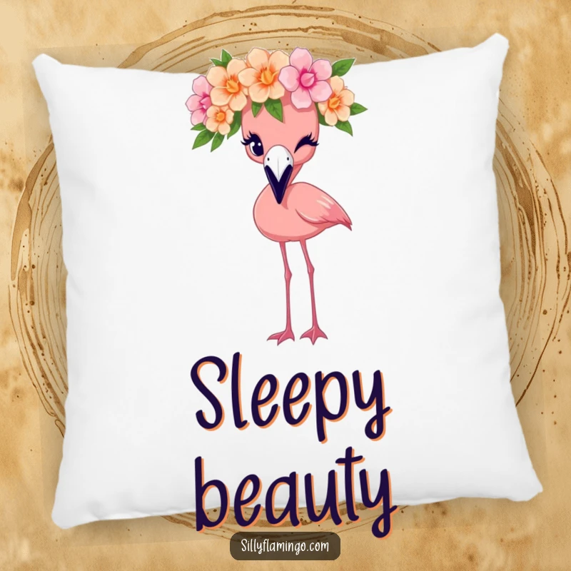 Funny flamingo pillow featuring a bird in a flower crown winking playfully, offering comfort and a touch of whimsy.