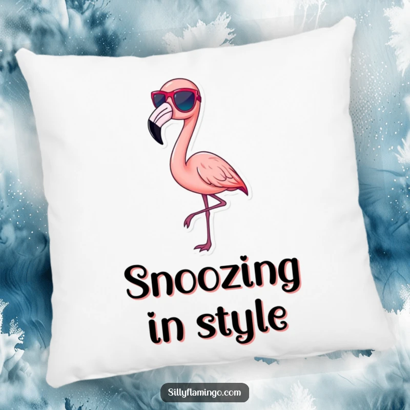 Funny pink flamingo pillow, wearing tiny sunglasses and striking a chic pose, embodying cool style, comfortable and stylish decor.