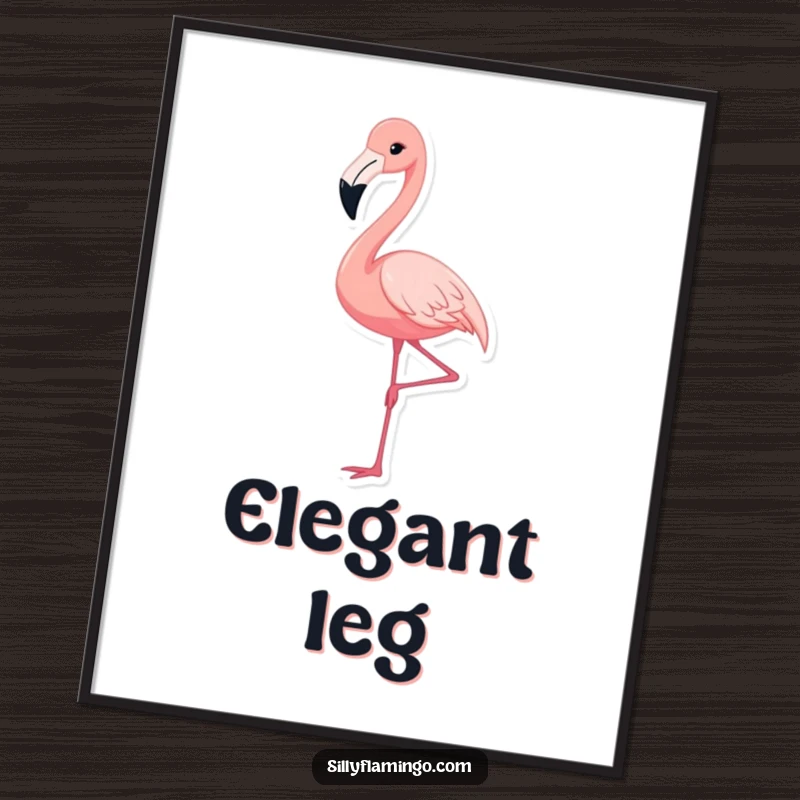 Funny digital art print of a cute flamingo gracefully extending its leg, representing elegance and whimsy, ideal for instant home decor.