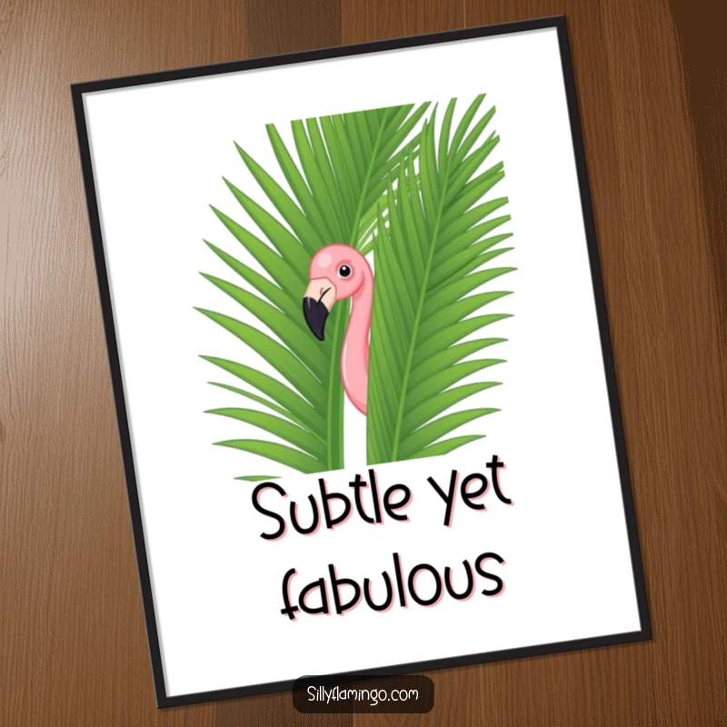 Funny flamingo peeking from a lush palm leaf in this vibrant digital art print, offering a humorous tropical escape.