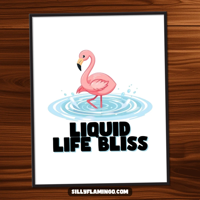 Funny flamingo digital art print of a bird splashing joyfully in a pool, vibrant and humorous artwork for instant wall decor.