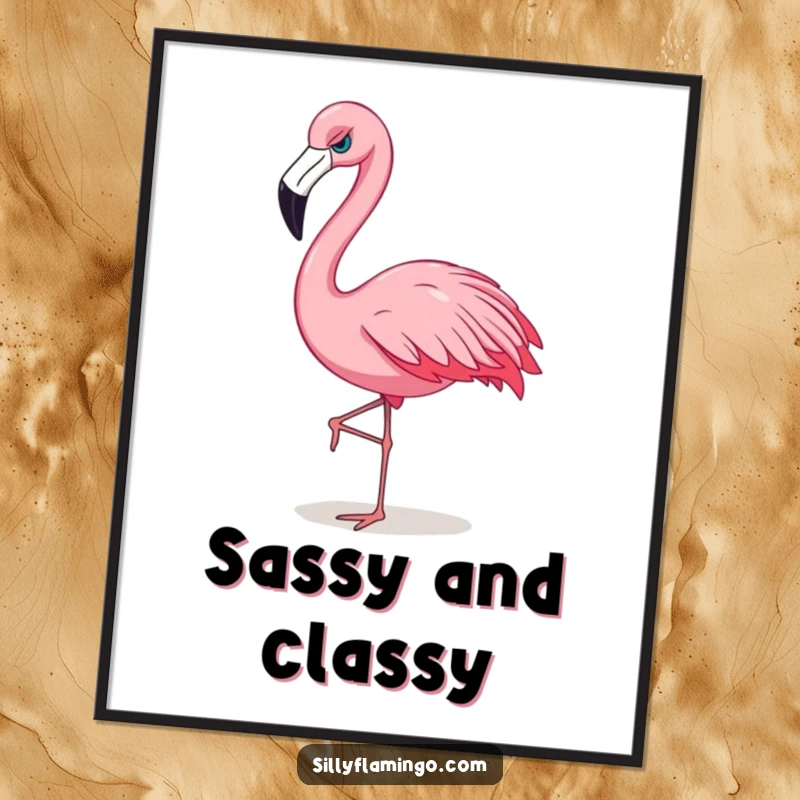 Funny flamingo digital art print of a sassy bird strutting with attitude, creating a bold and confident statement.