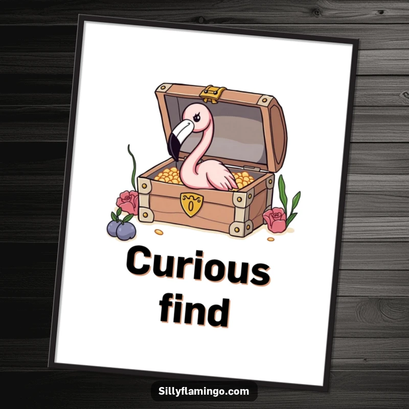 Funny Flamingo Treasure Digital Art Print showing a curious flamingo peeking into a treasure chest, ready for adventurous wall decor.