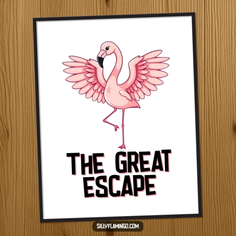 Funny flamingo with elegant wings spread wide in mid-flap, rendered as a beautiful and humorous digital art print
