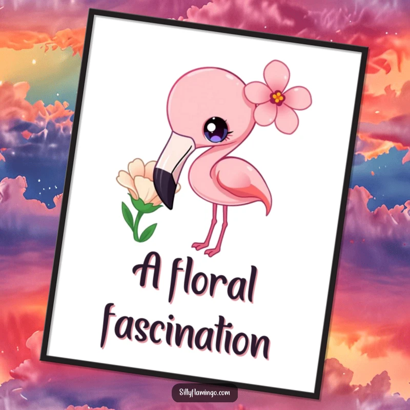 Funny Digital Art Print of a kawaii flamingo with bright eyes, curiously tilting its head at a flower.