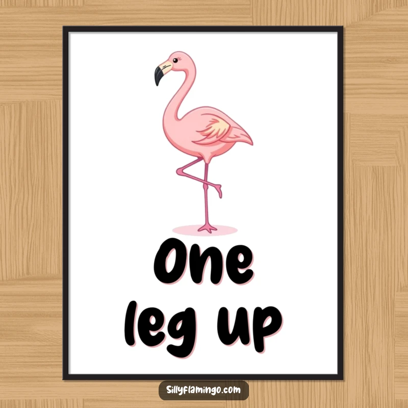 Funny kawaii flamingo in a graceful stretch, rendered as a cute and humorous digital art print