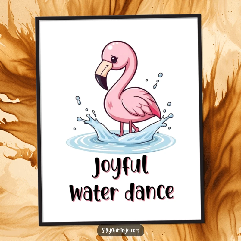 Funny Digital Art Print of a kawaii flamingo playfully splashing water with its beak, sending droplets flying.
