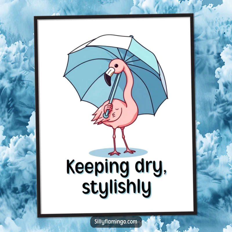 Funny kawaii flamingo digital art print of a cute bird comically balancing an umbrella, for instant charming decor.