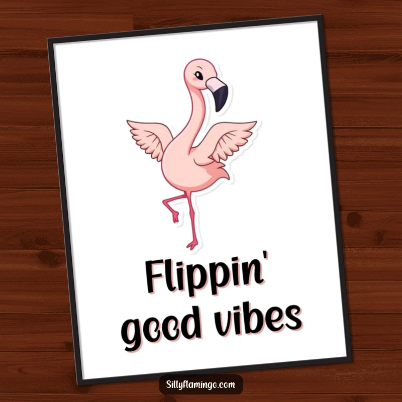 Funny digital art print of a kawaii flamingo winking and flapping its wings energetically, great for instant wall decor and tropical fun.