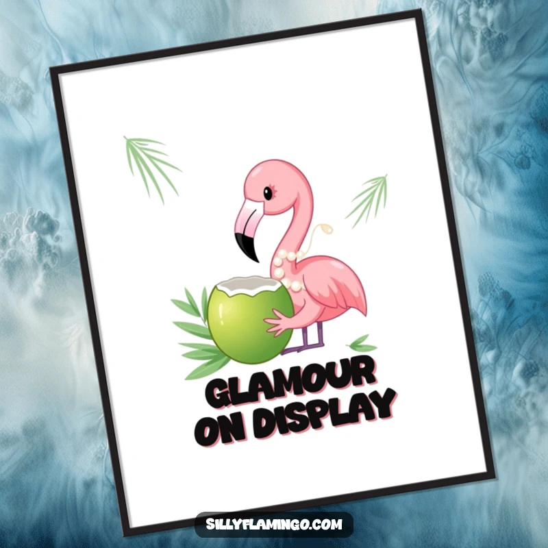 Funny digital art print of a flamingo wearing pearls and sipping a coconut, offering sophisticated and humorous wall decor.