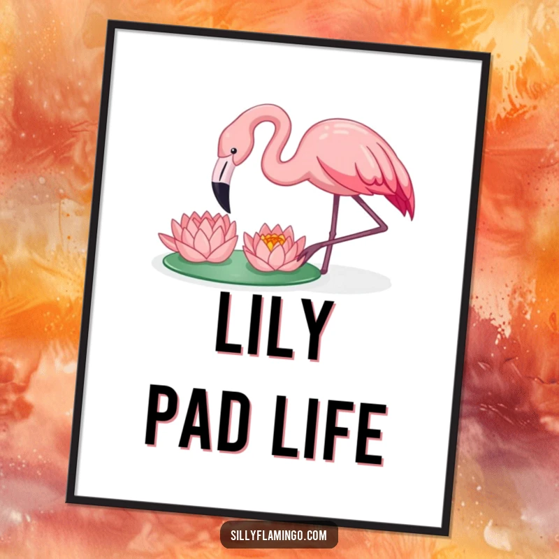 Funny flamingo happily pecking a water lily, rendered as a serene and humorous digital art print