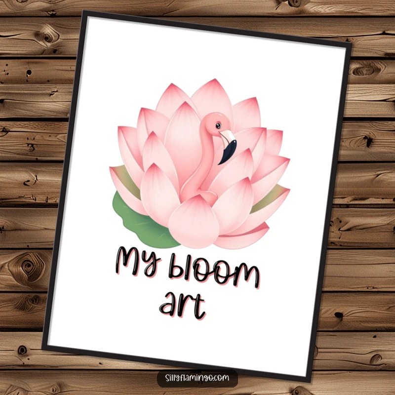 Funny digital art print of a playful flamingo peeking from behind a large blooming lotus flower, ideal for whimsical decor.