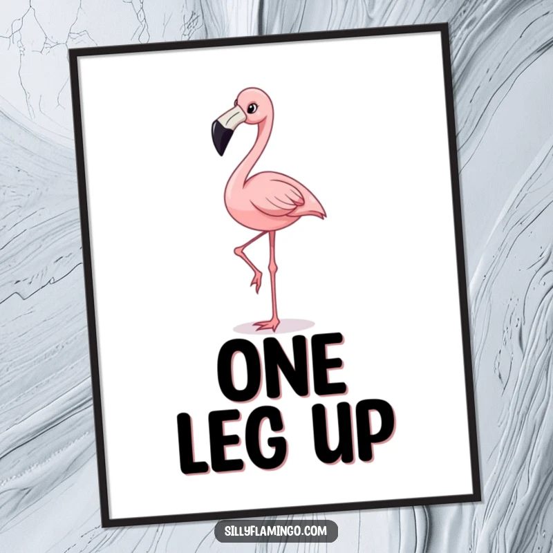 Funny digital art of a happy flamingo with a wide grin, gracefully balancing on one leg, exuding joy and tropical charm.