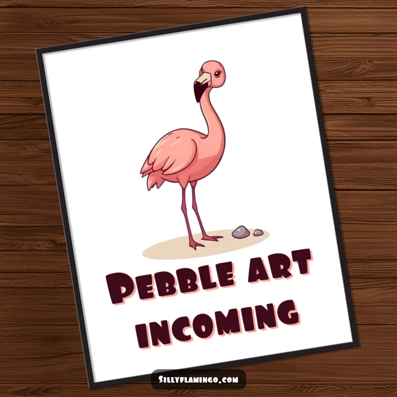 Funny Flamingo Digital Art Print: A happy flamingo playfully tossing a pebble with its beak, offering instant humorous wall decor and a cheerful vibe.