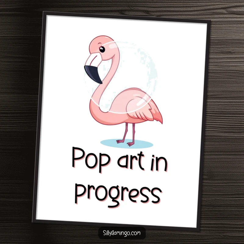 Funny Flamingo Digital Art Print: A flamingo humorously attempts to blow a giant bubble, looking determined.
