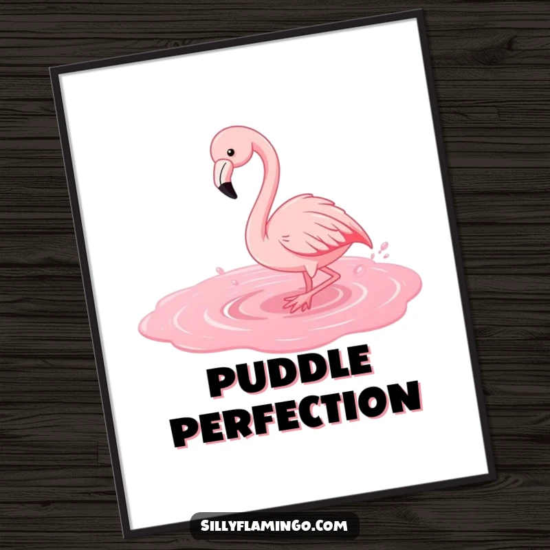 Funny flamingo digital art print of a playful bird splashing in a pink puddle, capturing joyful movement and color.