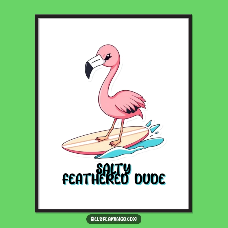 Funny Flamingo Surfer Digital Art: Winking Bird Print, Instant Humorous Decor Gift