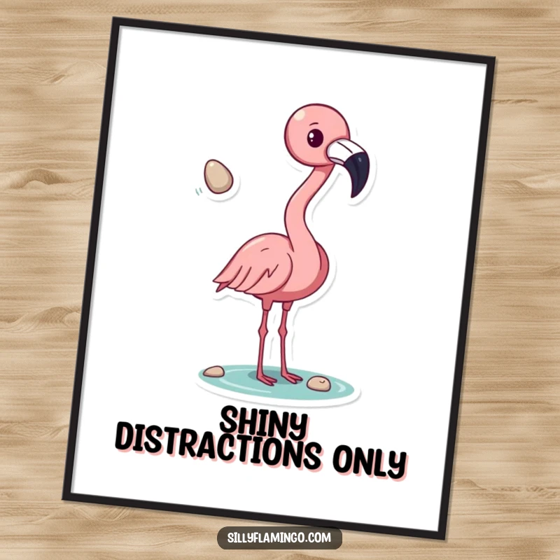 Funny flamingo digital art print, tossing a shiny pebble with its beak, adding whimsical and colorful wall art, perfect for instant decor and gifts.