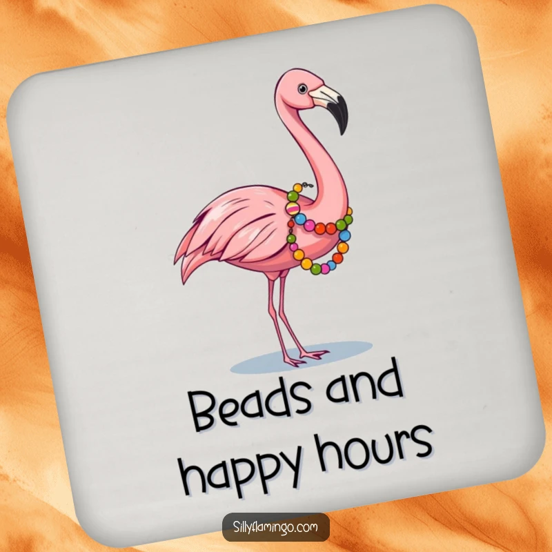 Funny drink coaster featuring a flamingo wearing a colorful bead garland, adding a festive touch to any table.