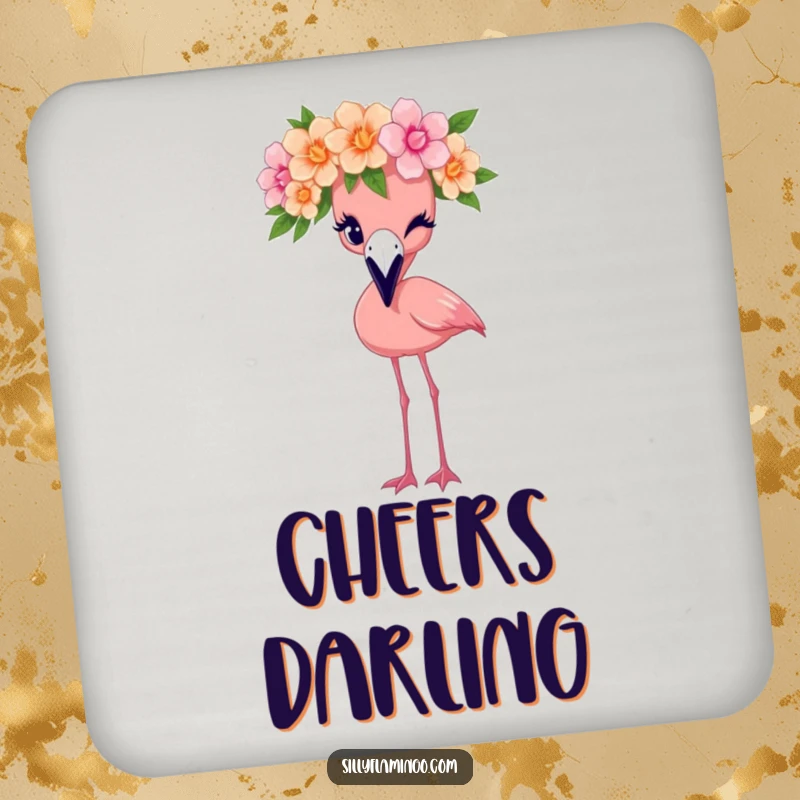 Funny flamingo drink coaster featuring a bird in a flower crown giving a wink, adding personality to tabletops.