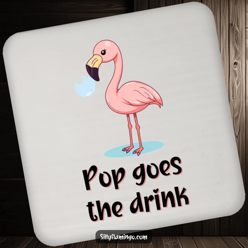 Funny flamingo drink coaster depicting a cheerful bird blowing a large, shimmering bubble, adding personality to tabletops.