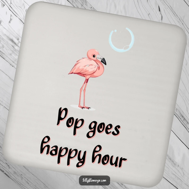 Funny coaster with a curious flamingo character with a tilted head, observing a shimmering, floating bubble, perfect for decorative humor.