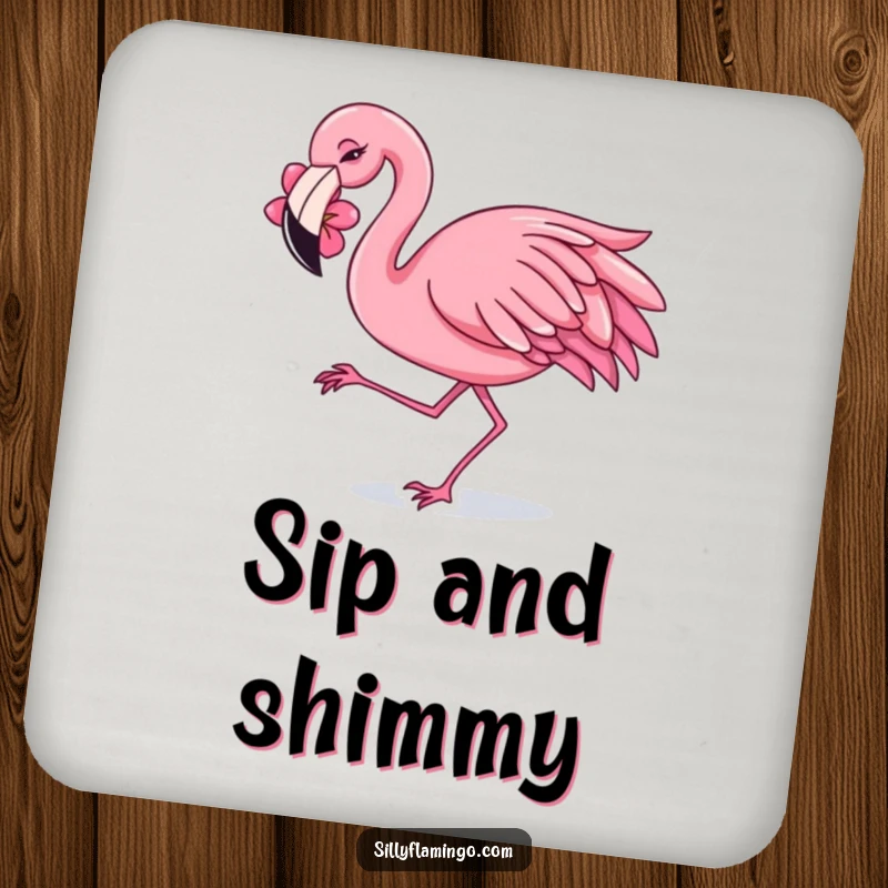 Funny Drink Coaster featuring a flamingo with a flower behind its ear, dancing with a joyful shimmy for a festive touch.
