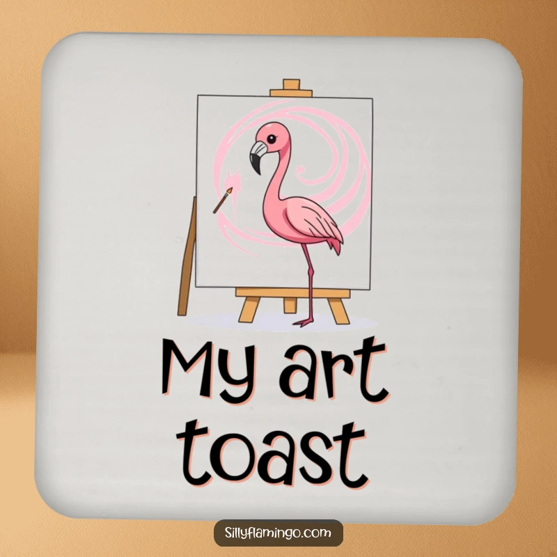 Funny drink coaster featuring a flamingo artistically painting a pink swirl on a canvas, protecting surfaces humorously.