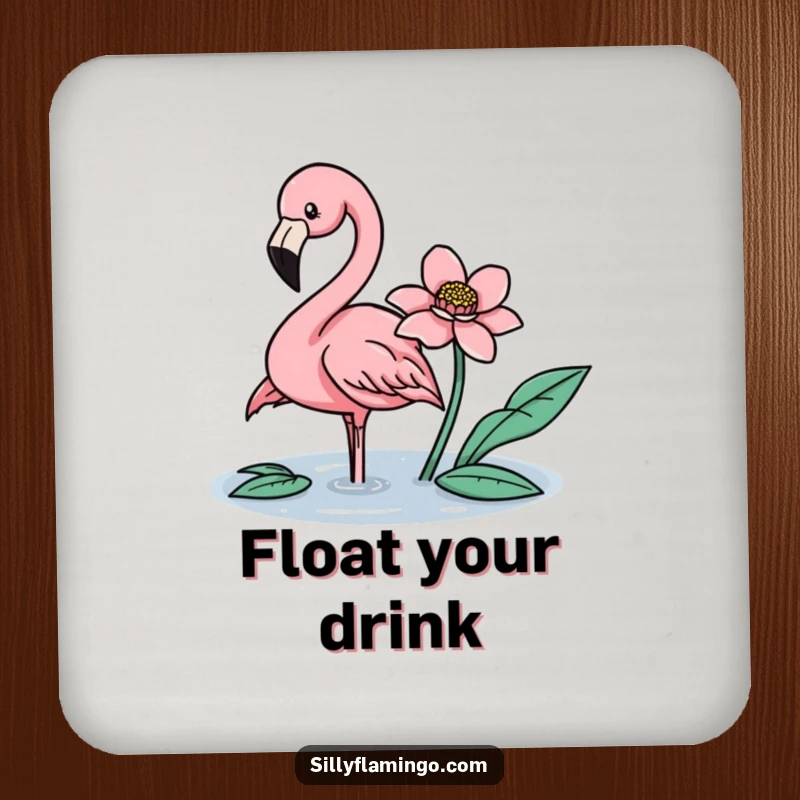 Funny flamingo gently nudging a floating flower with its beak on protective drink coasters.