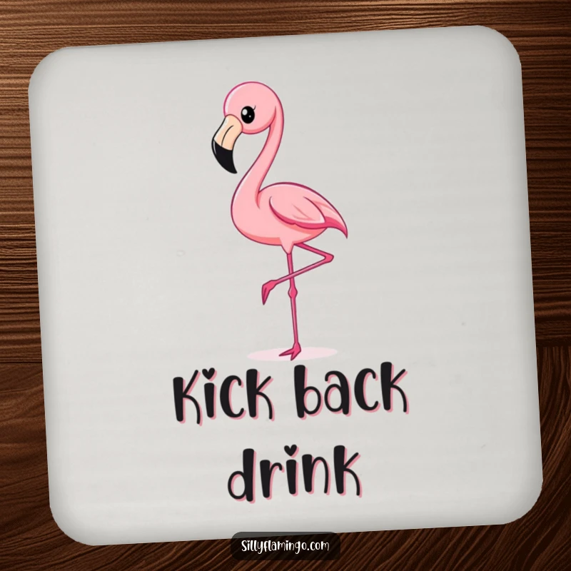 Funny Flamingo Kick Coasters (Set of 4) featuring a flamingo's dynamic leg kick, offering humorous protection for tables.